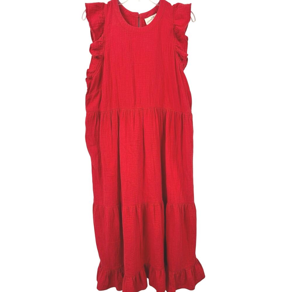 Universal Thread XL Red Cotton Gauze Tiered Midi Dress Ruffle Sleeve Pockets